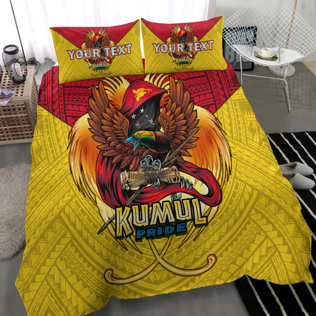 Yellow Kumul Pride duvet cover with eagle emblem and red trim; two pillows with YOUR TEXT