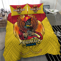 Yellow Kumul Pride duvet cover with eagle emblem and red trim; two pillows with YOUR TEXT