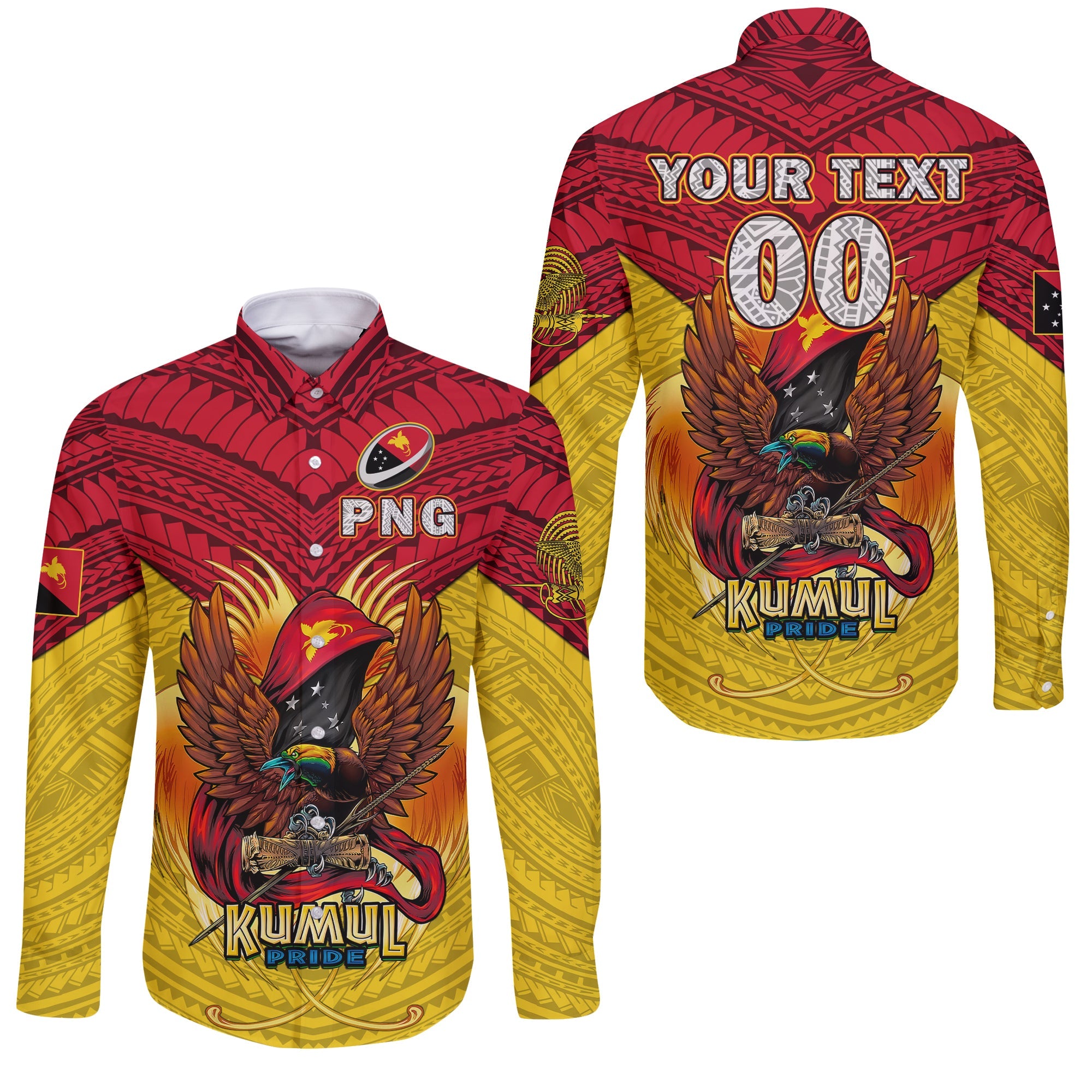 Custom Personalised Papua New Guinea Rugby Kumul Pride Long Sleeve Button Shirt LT2 - Wonder Print Shop