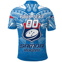 Blue rugby polo shirt back with large 00 text and Samoa Rugby badge, tribal print