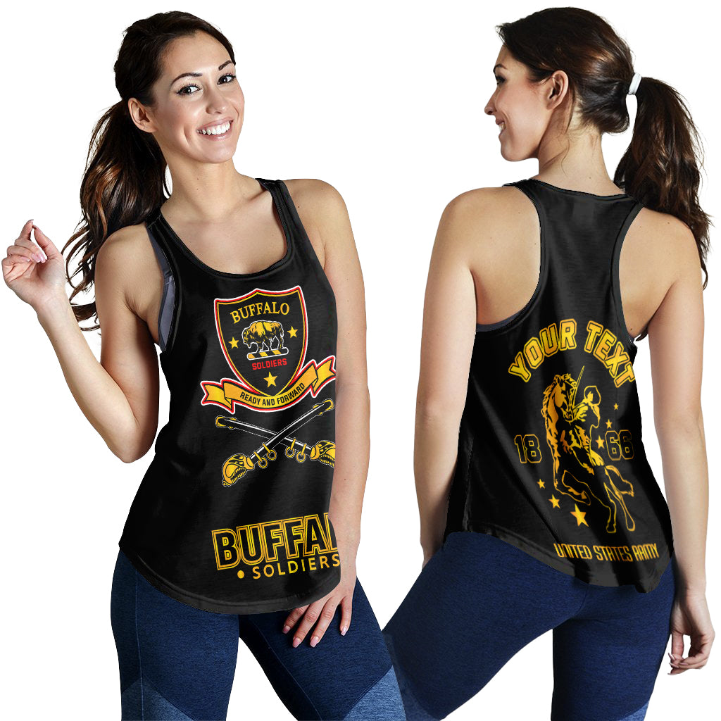 Black women's tank top with front and back graphic, racerback style