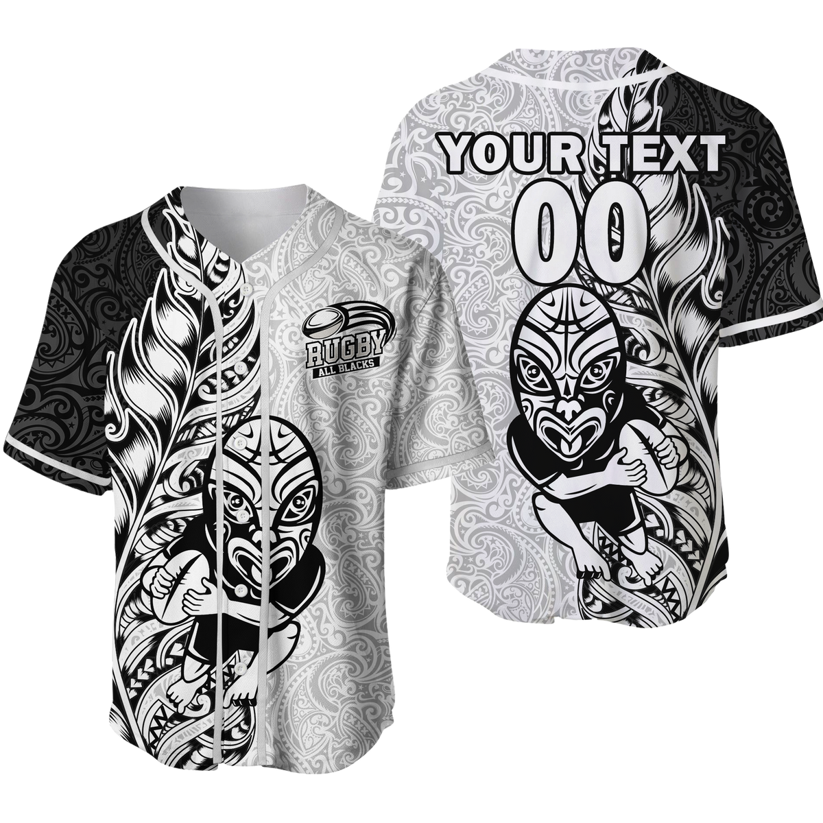 White and black rugby baseball jersey with Maori tribal print, chest logo, short sleeves