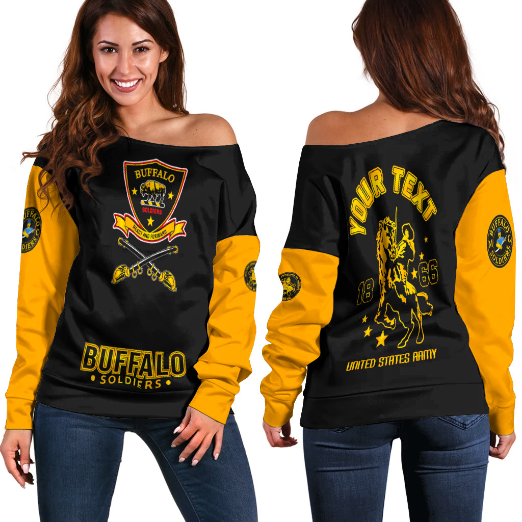 Women's off-shoulder sweater in black with yellow sleeves and Buffalo Soldiers graphic