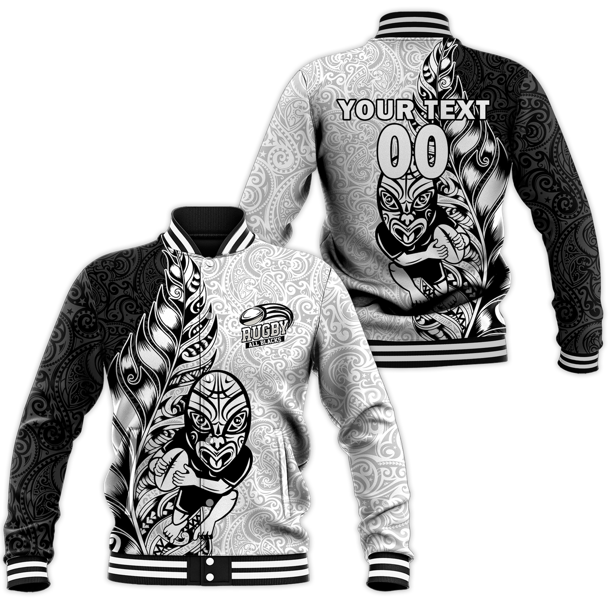 White and black Maori-style rugby baseball jacket, front and back views