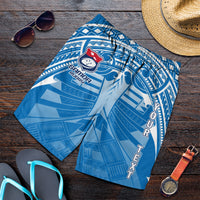 Blue rugby shorts with Samoa tribal print and elastic waistband