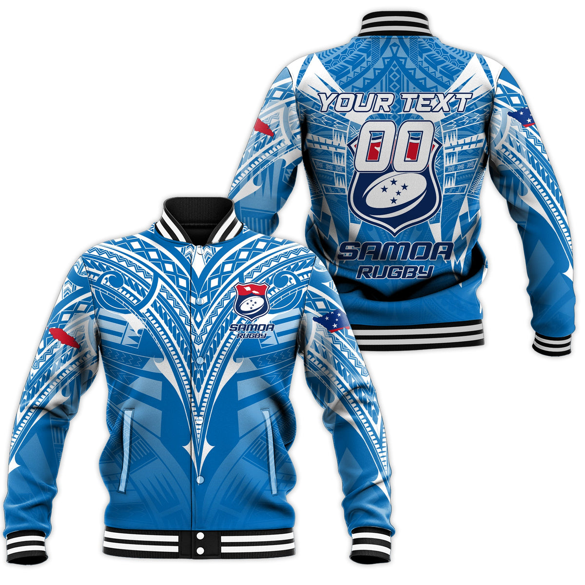 Blue Samoa rugby varsity baseball jacket with custom text, tribal geometric pattern, ribbed collar/cuffs
