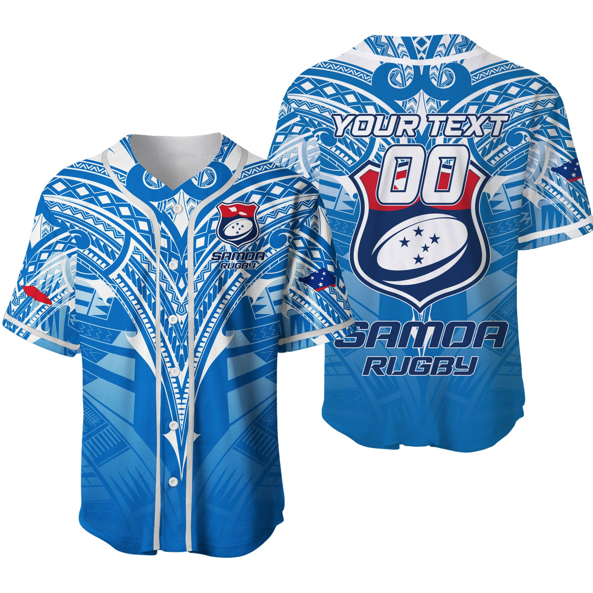 Blue Samoa rugby jersey, V-neck tribal print, button front, Samoa Rugby logo