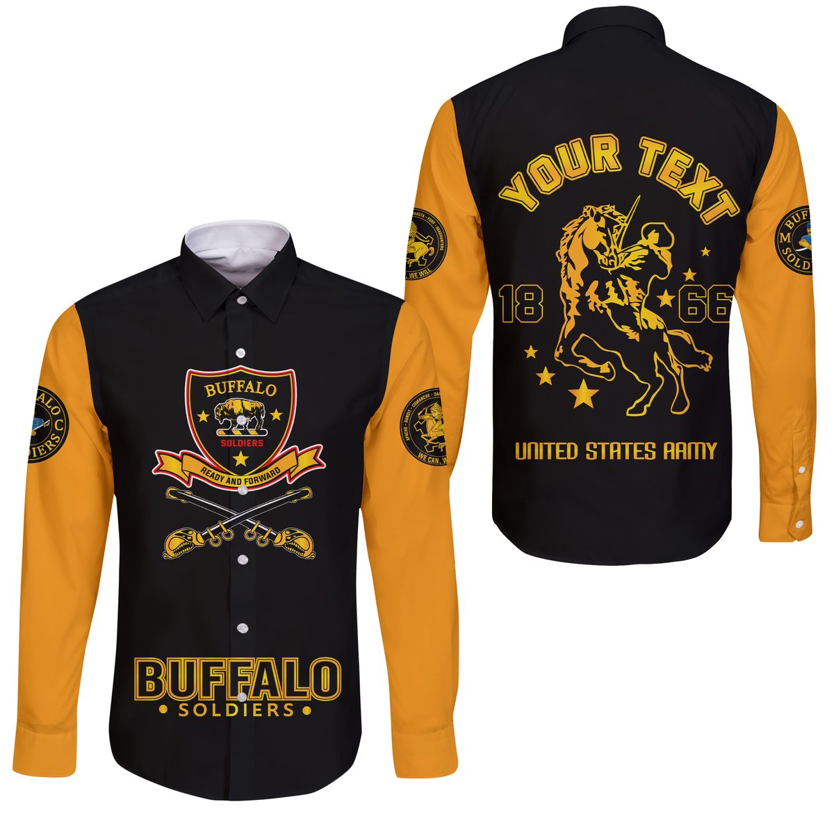 Long-sleeve button shirt in black with orange sleeves, front and back prints