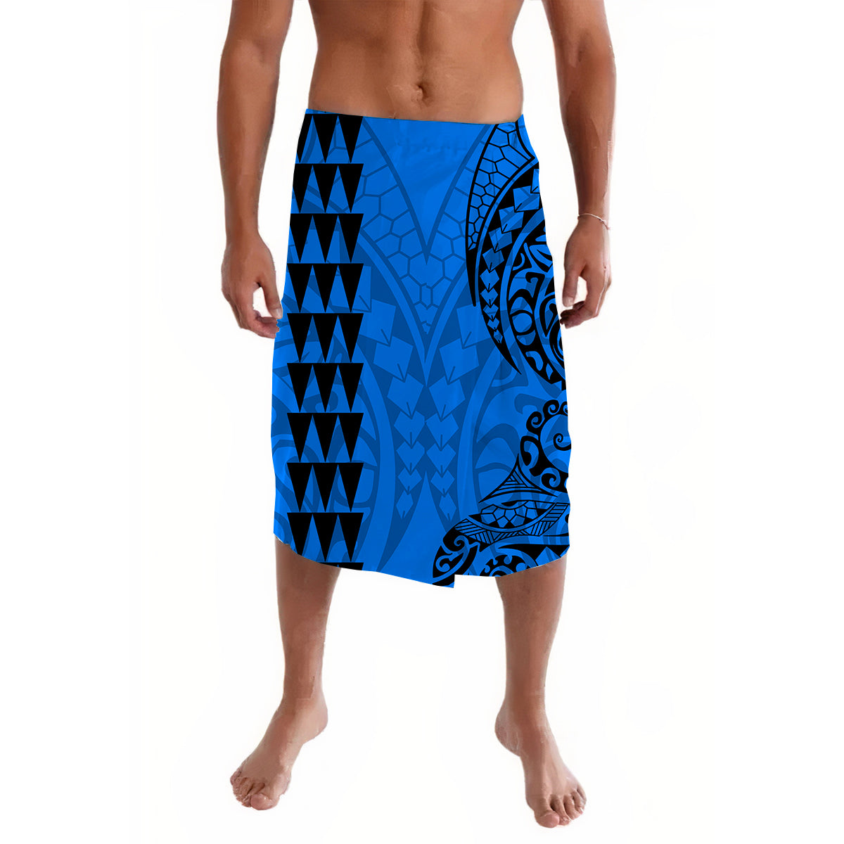 Blue Polynesian tribal lavalava sarong with black geometric panel and border trim