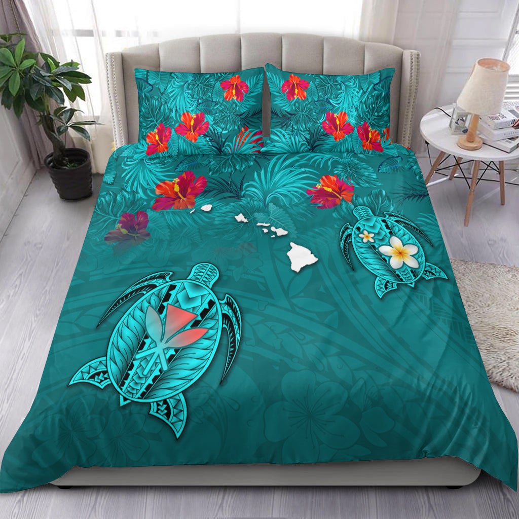 Turquoise tropical bedding set with hibiscus flowers and turtle graphics, 2 shams included