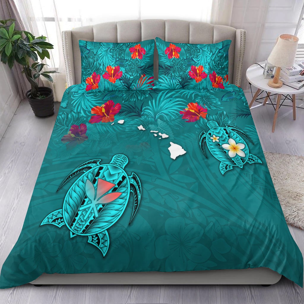 Hawaiian Islands Bedding Set - Hawaii Tropical Flowers and Turtles Turquoise LT13 - Wonder Print Shop