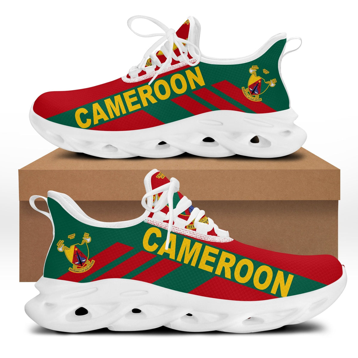 Cameroon stripe clunky sneakers with white sole, red-green pattern and white laces