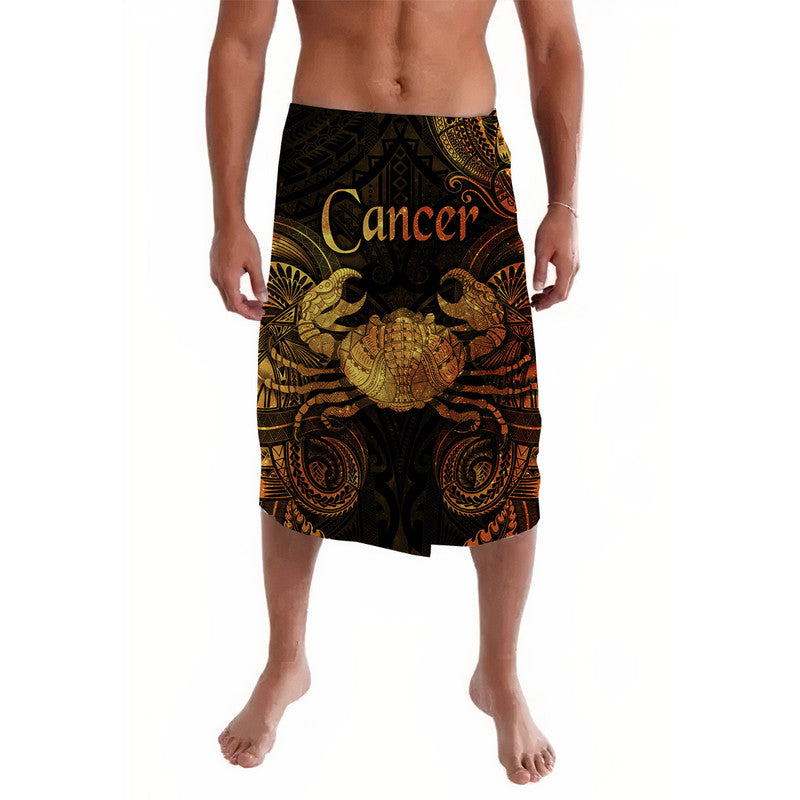 Gold and black Polynesian lavalava skirt with ornate zodiac-style print, knee length