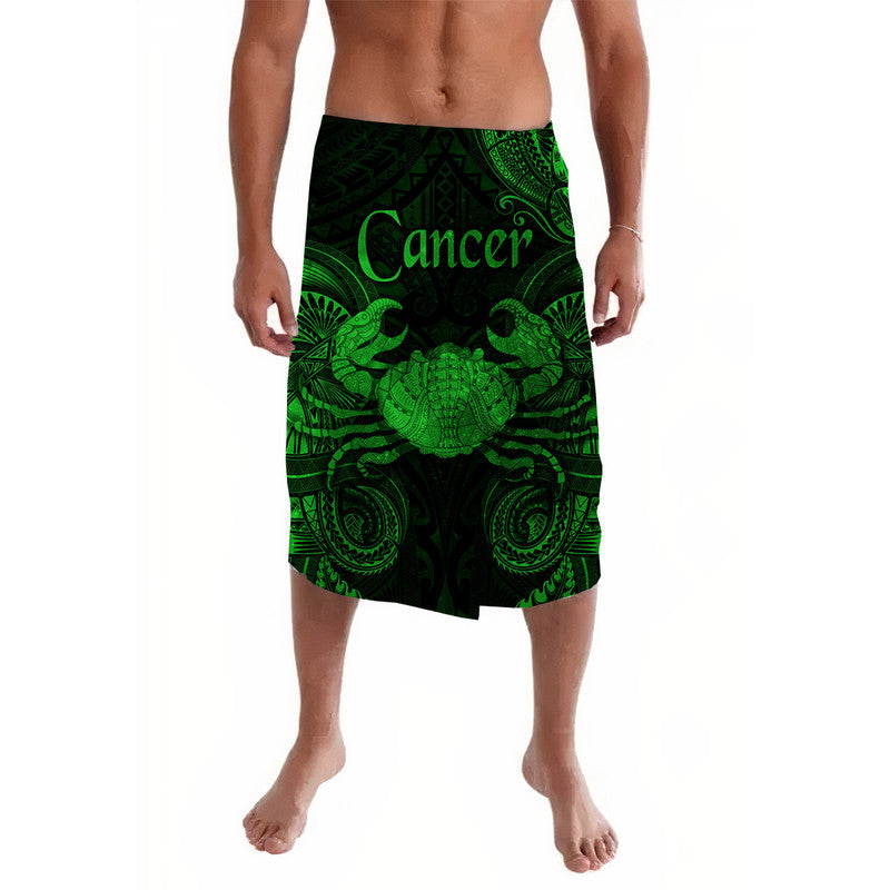 Green and black lavalava skirt with Cancer zodiac graphic, Polynesian-style pattern