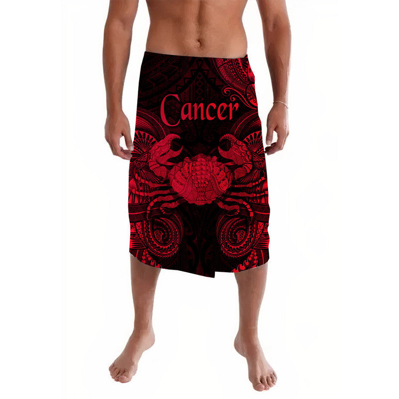 Red and black Cancer zodiac lava lava wrap skirt, ornate crab and tribal patterns.