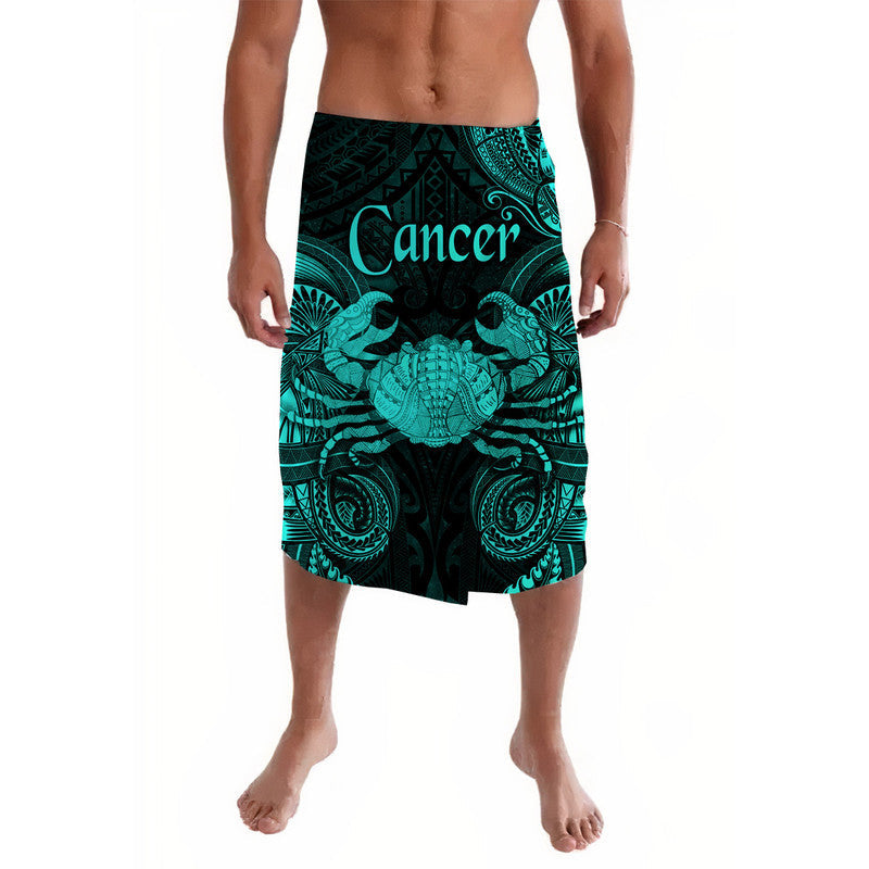 Turquoise and black Cancer zodiac lavalava sarong with detailed patterned print