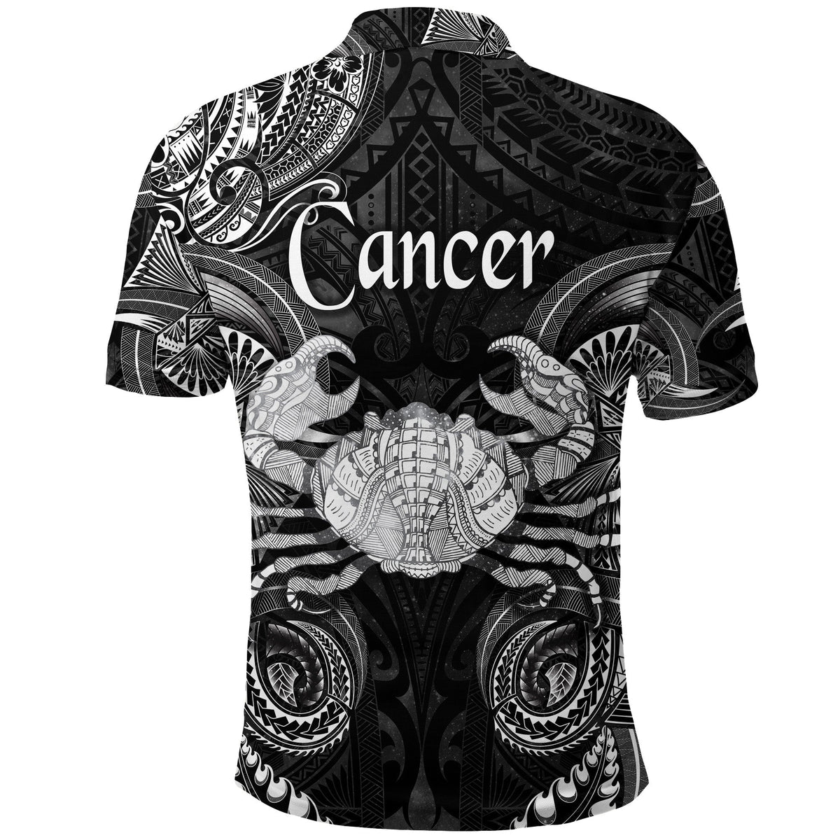 Black polo shirt with Cancer text and Polynesian tribal print (back)