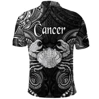 Black polo shirt with Cancer text and Polynesian tribal print (back)
