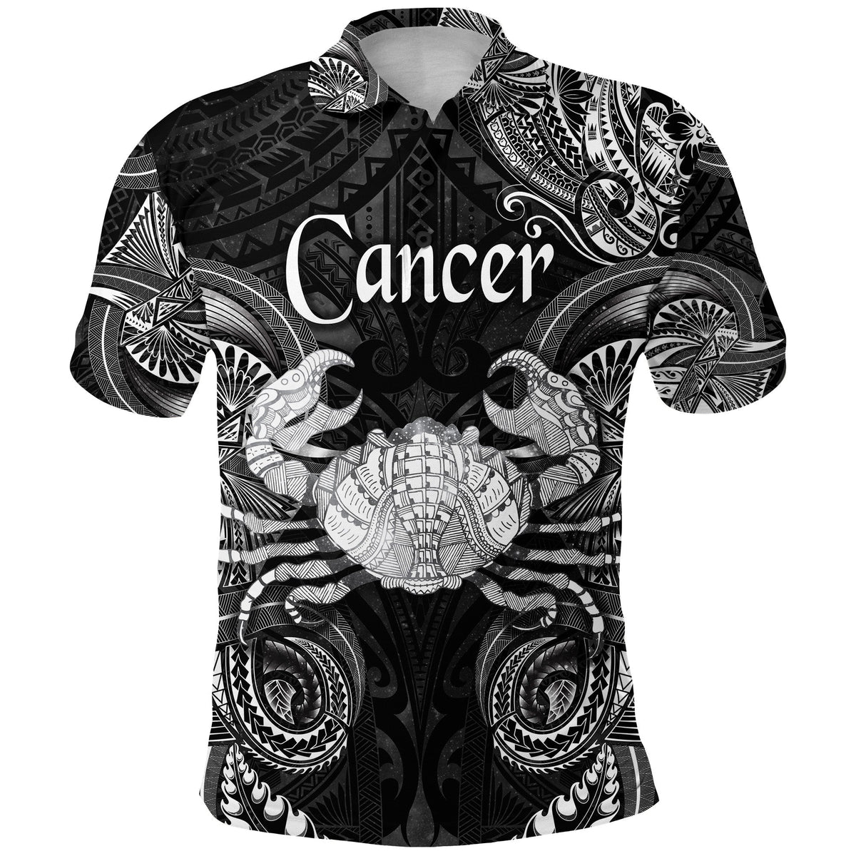 Black polo shirt with Cancer text and Polynesian tribal print (front)
