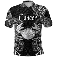 Black polo shirt with Cancer text and Polynesian tribal print (front)