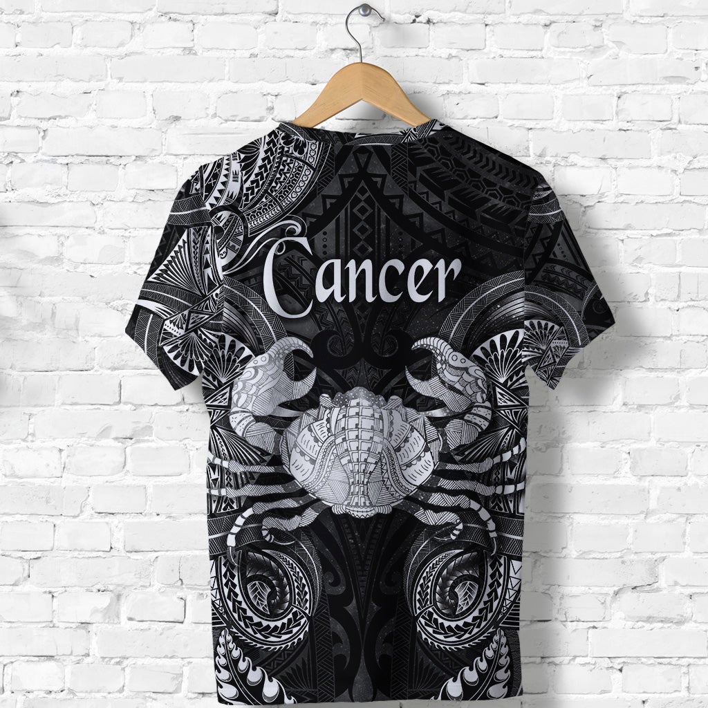 Black T-shirt back view with Cancer text and ornate Polynesian tribal pattern