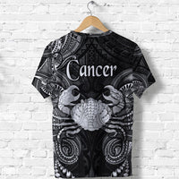 Black T-shirt back view with Cancer text and ornate Polynesian tribal pattern