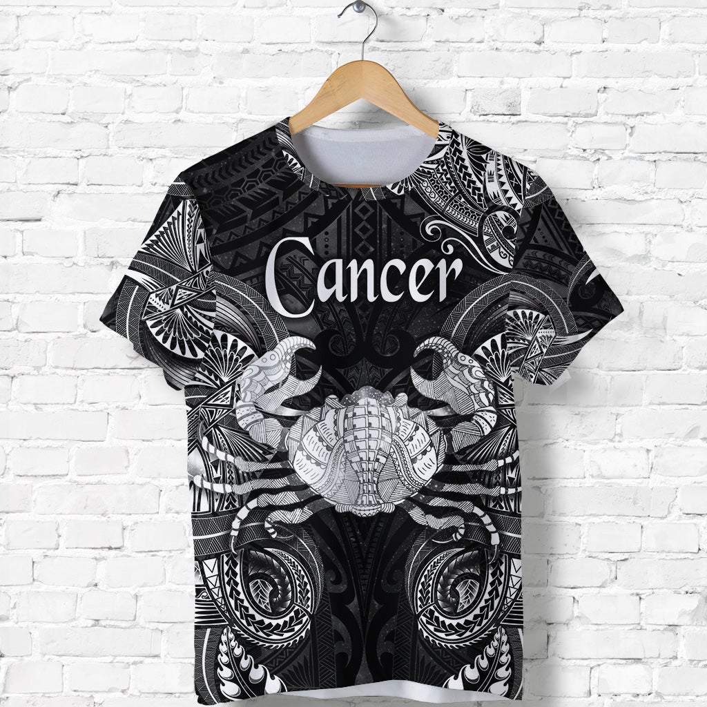 Black T-shirt with Cancer text and Polynesian floral tribal graphic, short sleeves