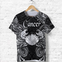 Black T-shirt with Cancer text and Polynesian floral tribal graphic, short sleeves