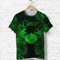 Green Cancer zodiac Polynesian T-shirt with crab graphic and Cancer text, front