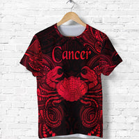 Cancer zodiac T-shirt, red and black front graphic with crab and ornate patterns