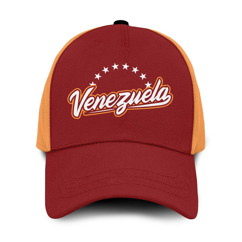 Two-tone baseball cap with Venezuela logo embroidery, maroon front and orange brim