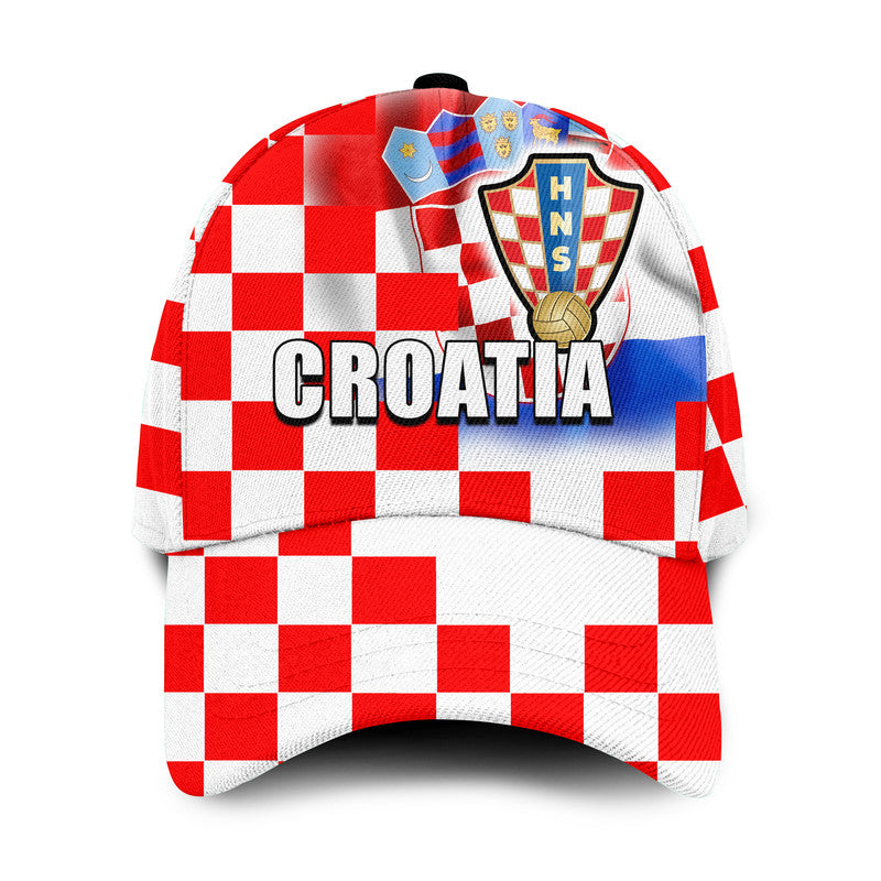 Classic soccer cap with red and white checker pattern and Croatia crest