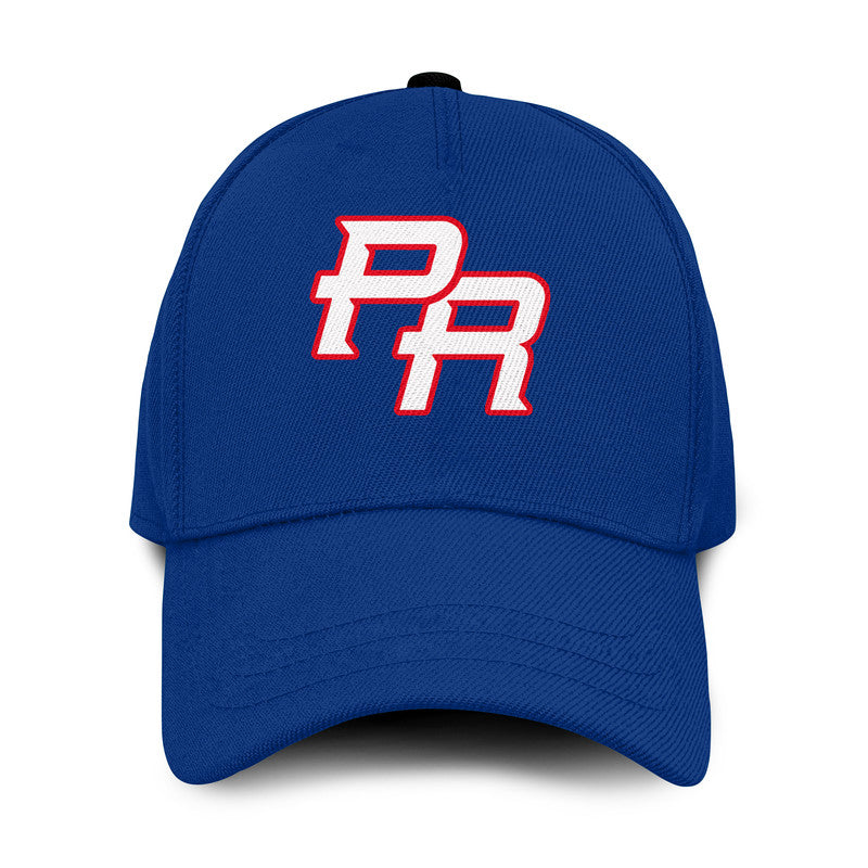 Blue baseball cap with curved brim and red-and-white PR logo on front