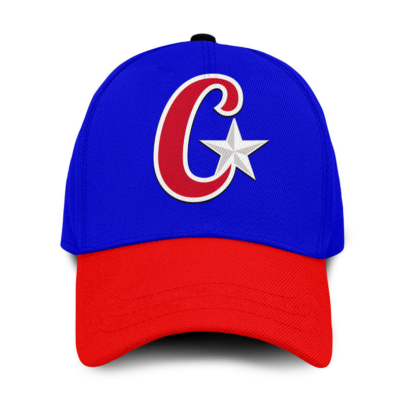Baseball cap with blue crown, red brim, and front C-logo with star embroidery.