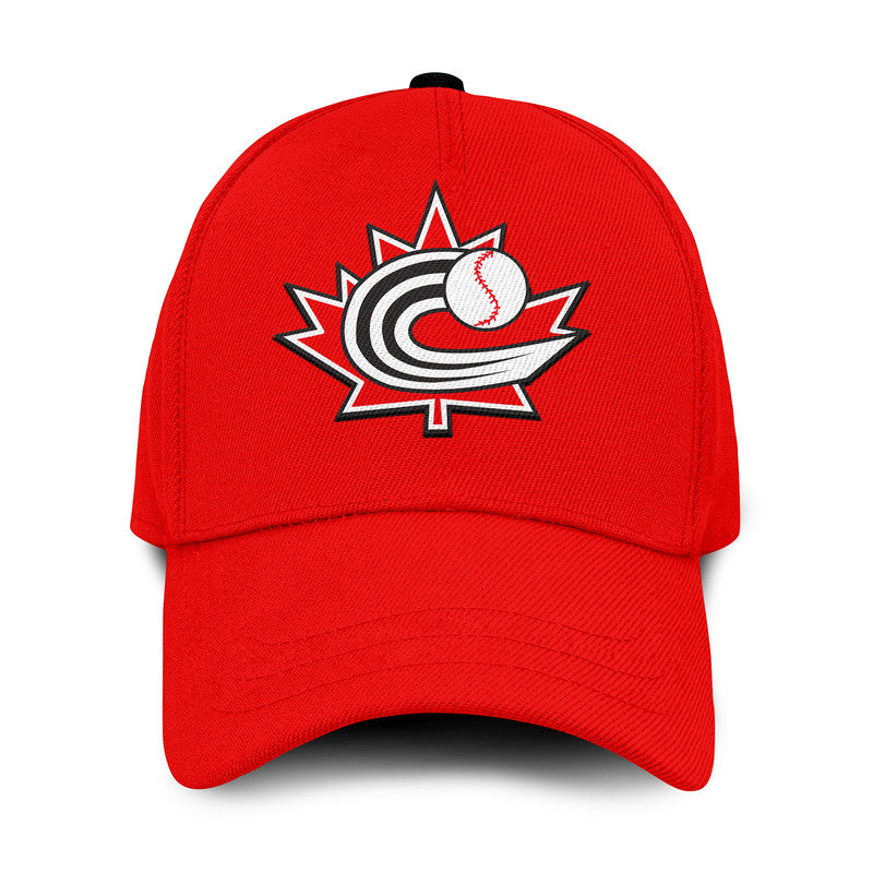 Red baseball cap with front team logo and curved brim