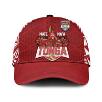 Red classic rugby cap with Tonga League crest and TONGA logo on front panel