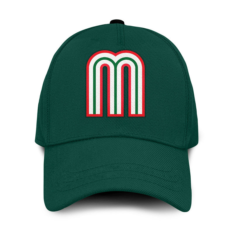 Green baseball cap with embroidered multicolor letter M