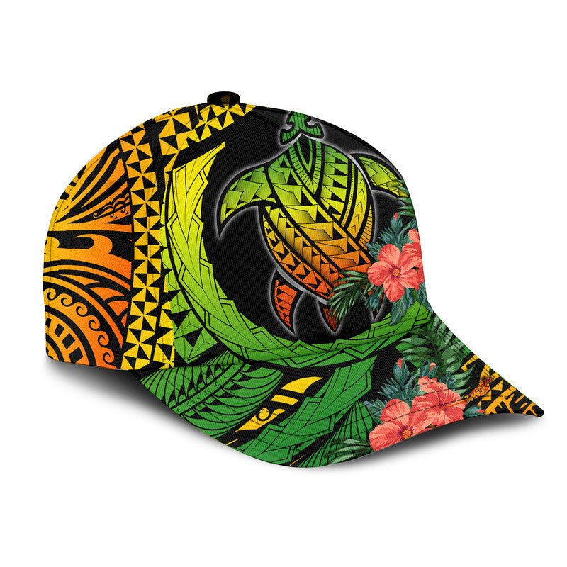 Classic cap side view with neon turtle, hibiscus flowers, black fabric and green/yellow print