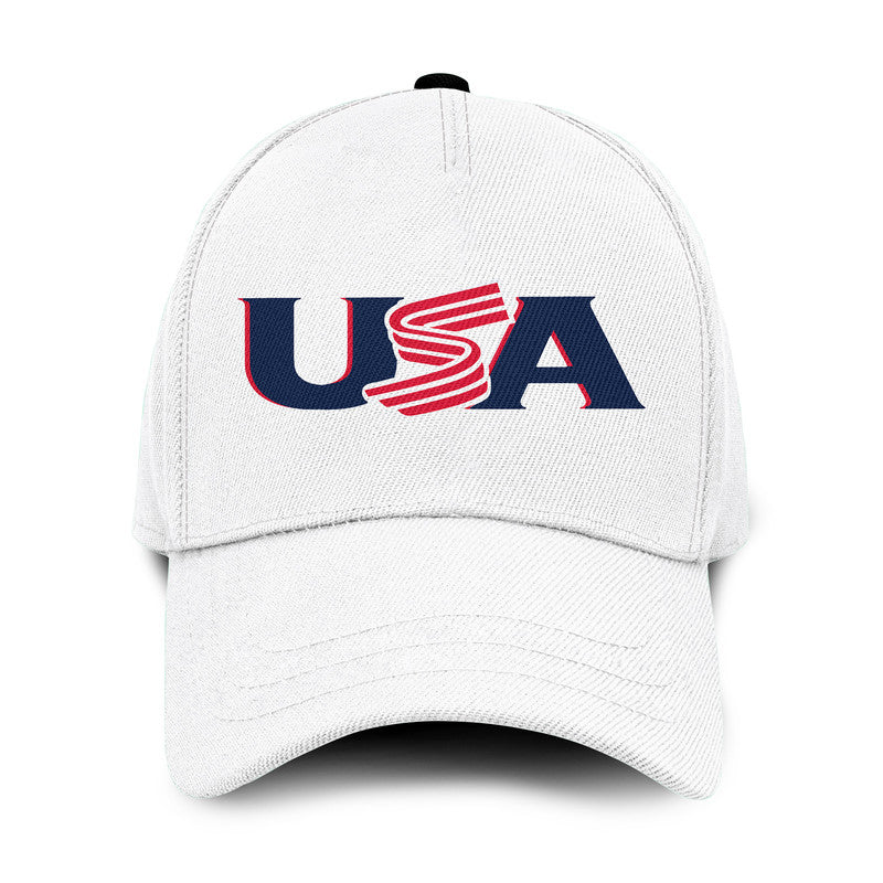 White baseball cap with embroidered USA lettering and red-white striped emblem