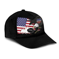 Black classic cap, side view: USA Rugby Sevens eagle, American flag, football emblem