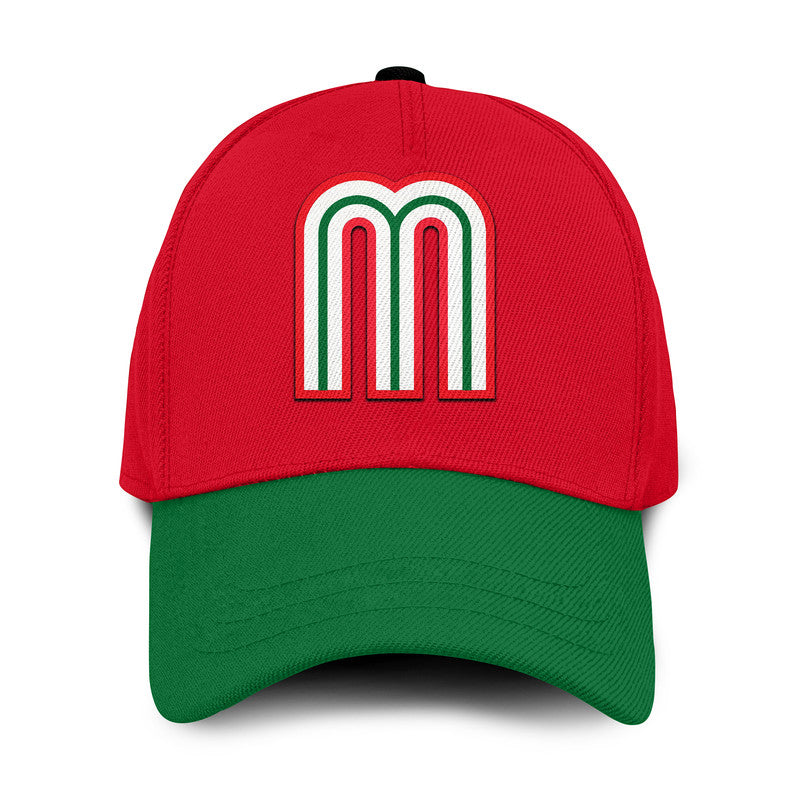 Red baseball cap with green underside and multicolor M logo on front
