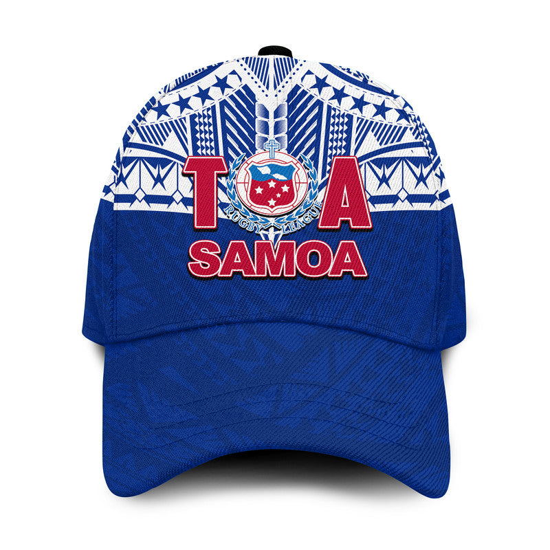 Blue rugby cap with Samoa crest and flag-style geometric design, Classic Cap