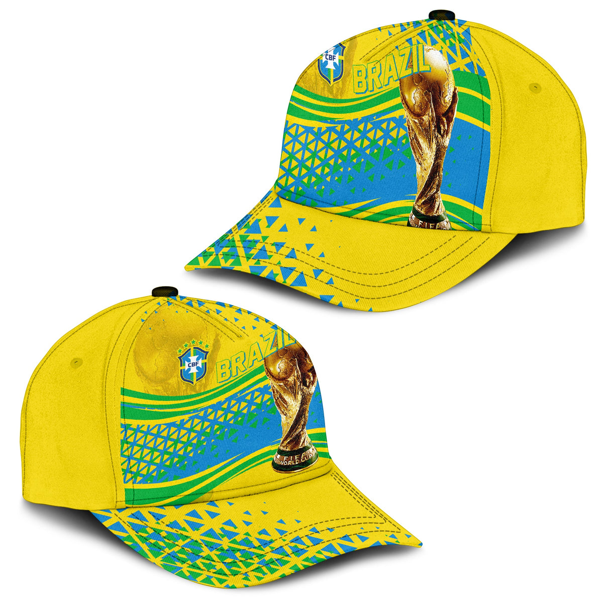 Brazil classic cap, yellow with trophy graphic and Brazil text, side view