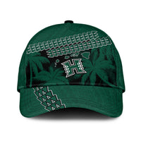 Green classic cap front view: white “H” logo over palm print and zigzag stripe pattern