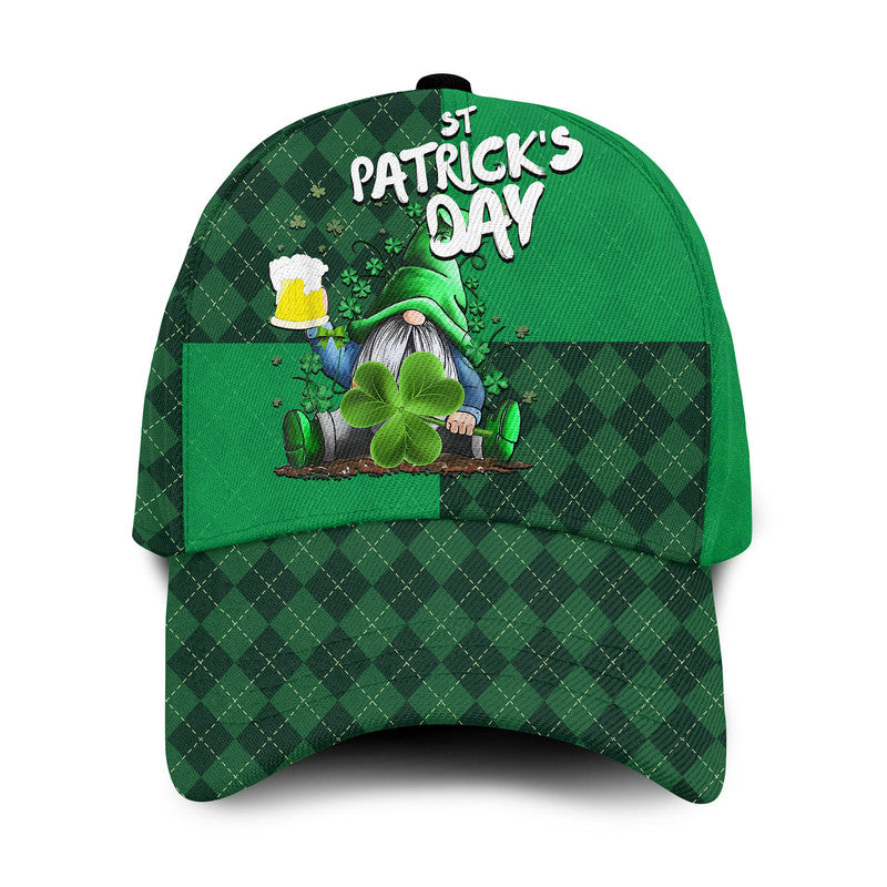 Green gnome graphic St Patrick's Day cap with clover patch and curved brim