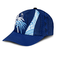 Blue cap with white palm graphic on crown and diagonal geometric stripe