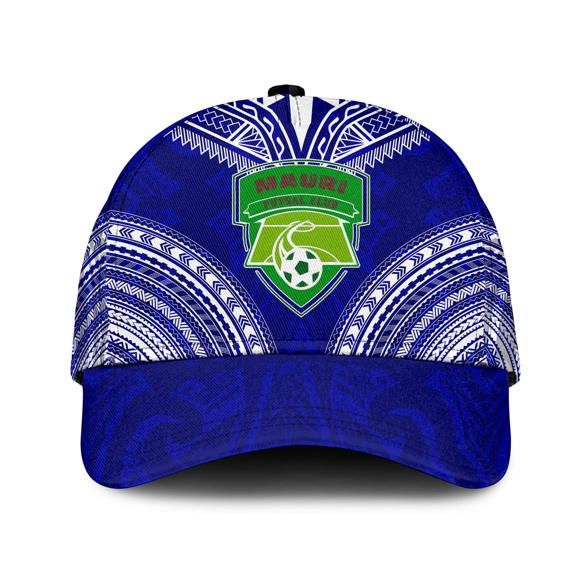 Navy futsal club classic cap with green crest and white patterned front panel