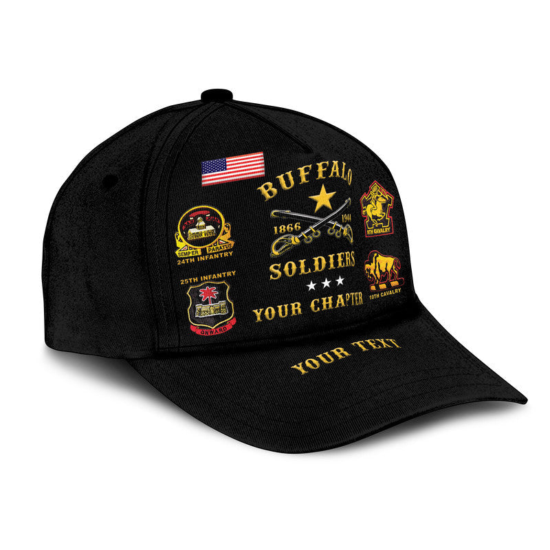 Black classic cap side view with 'BUFFALO SOLDIERS' embroidery and flag patch