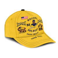 Gold classic cap side view with Buffalo Soldiers emblems and YOUR TEXT.