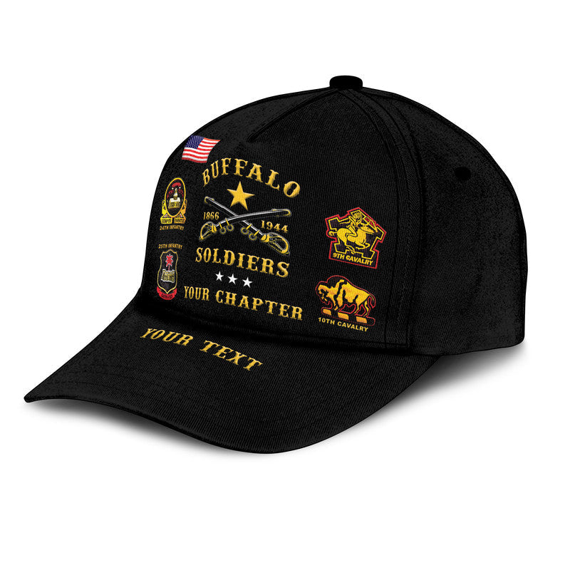 Black classic cap front embroidery with 'BUFFALO SOLDIERS' and 'YOUR TEXT' on brim